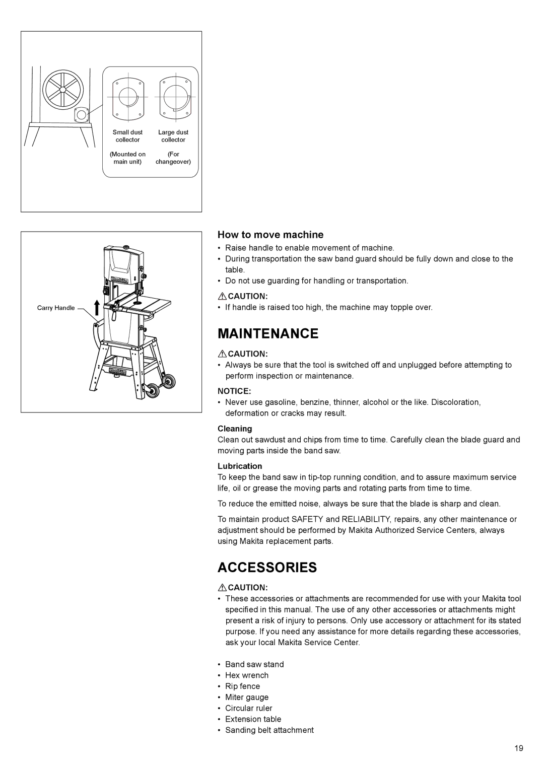 Makita LB1200F instruction manual Maintenance, Accessories, How to move machine 