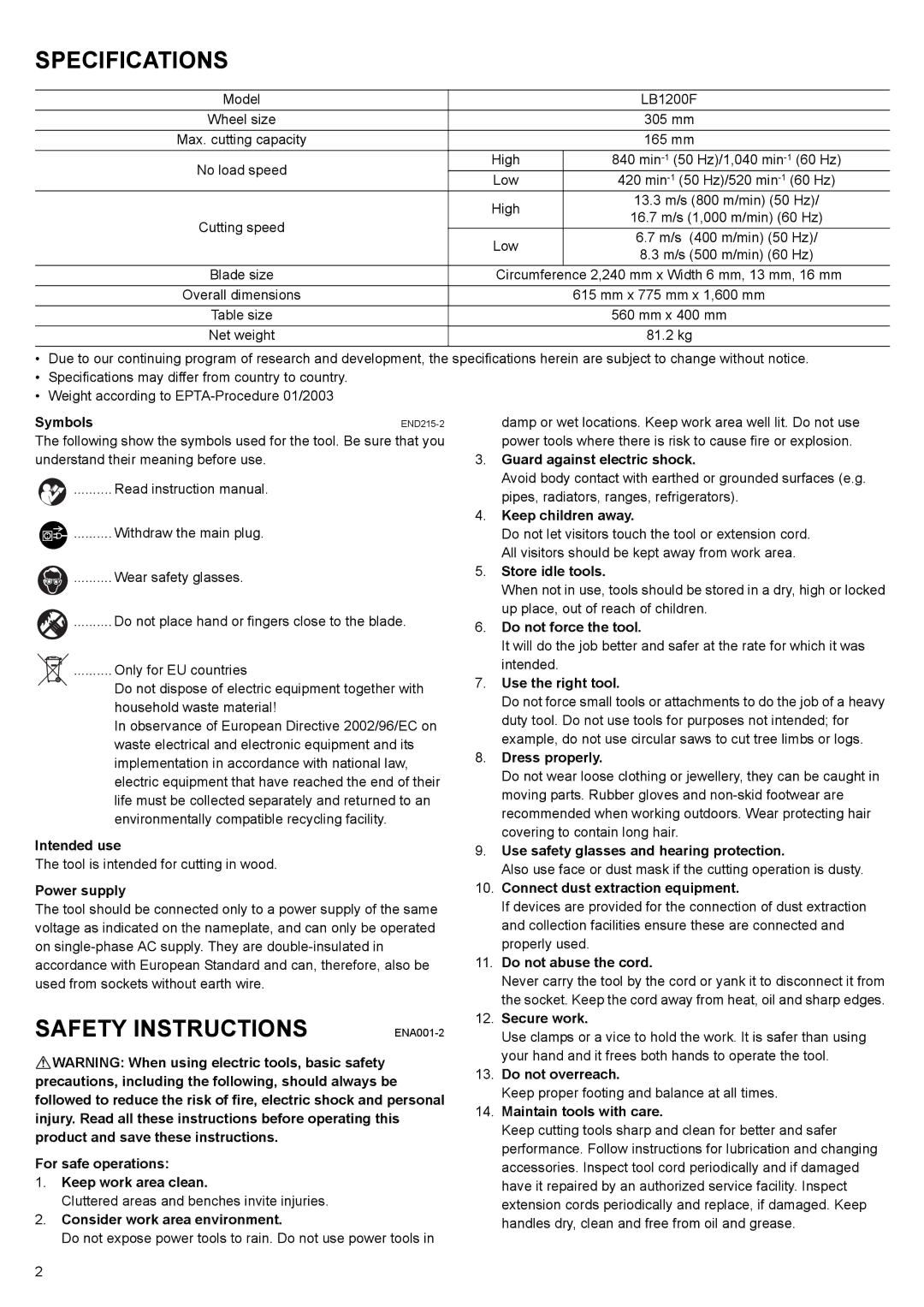 Makita LB1200F instruction manual Specifications, Safety Instructions 