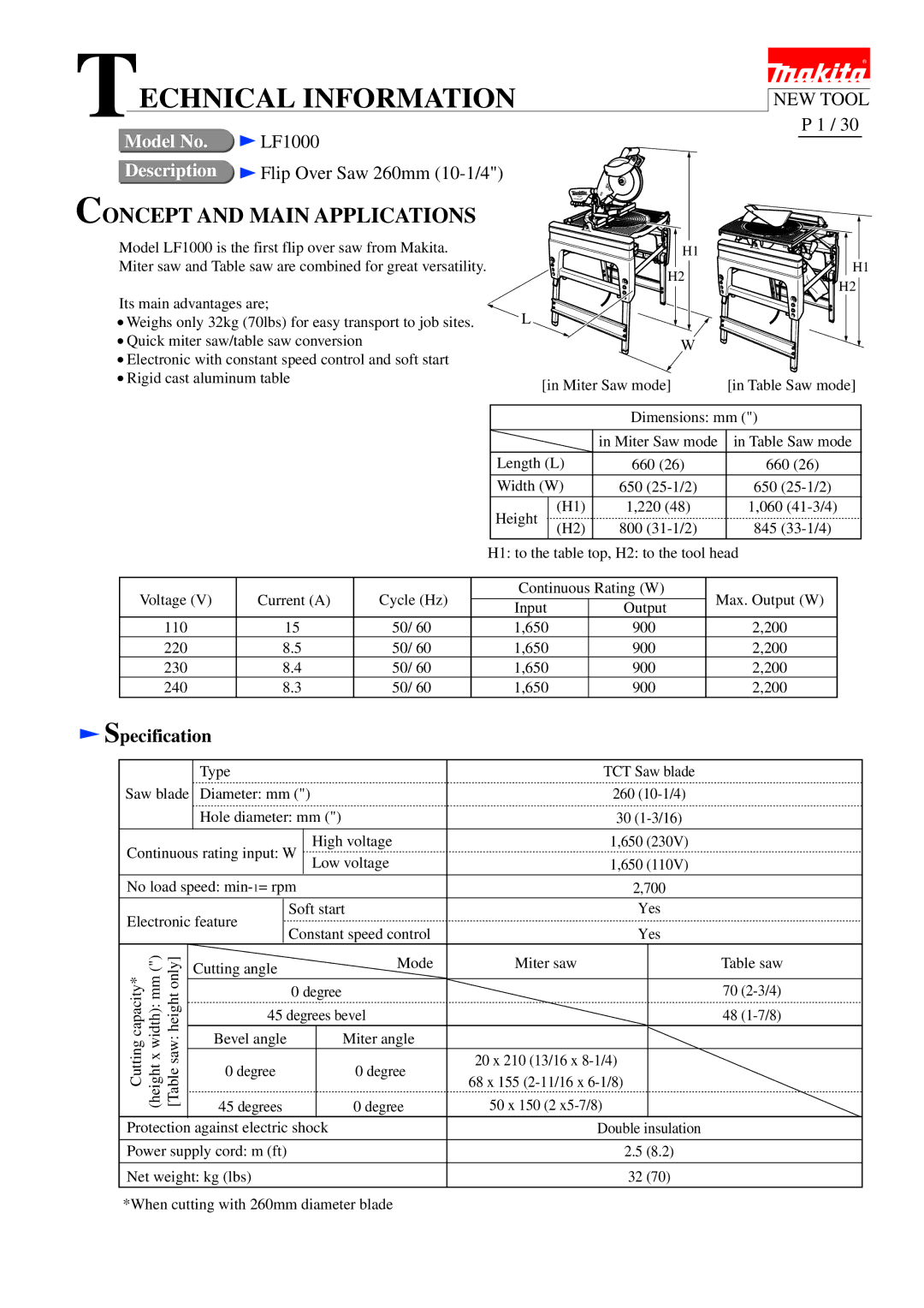 Makita LF1000 dimensions Technical Information, Specification 