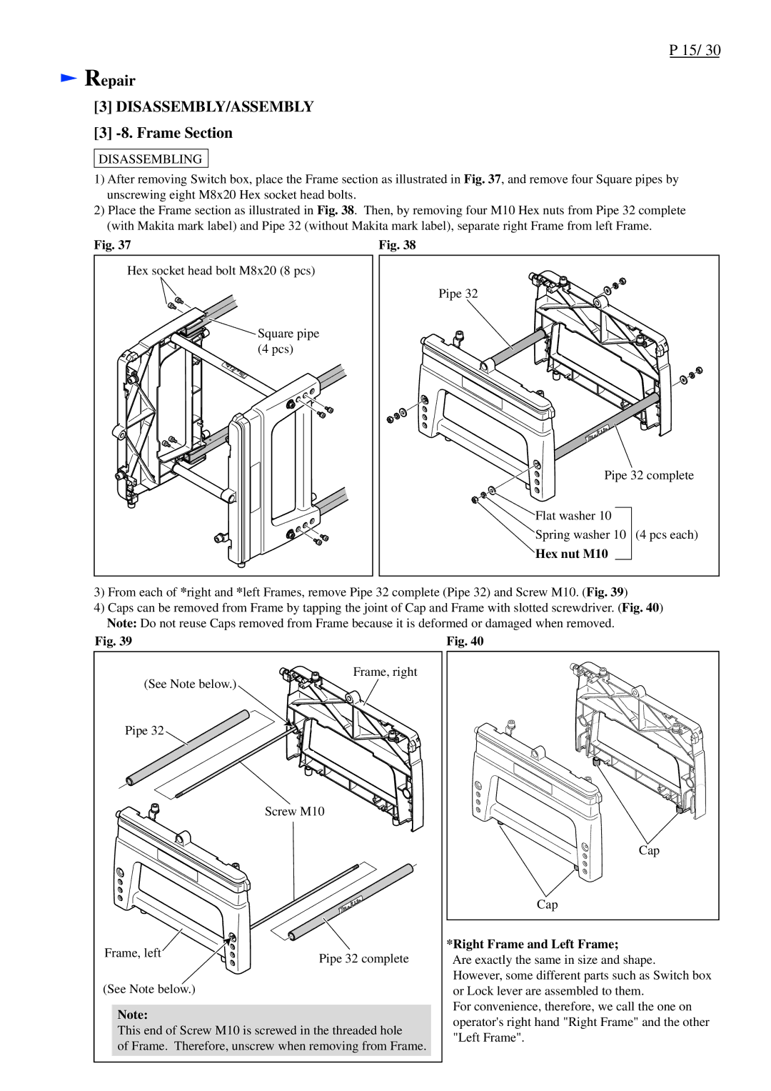 Makita LF1000 dimensions Frame Section, Hex nut M10, Right Frame and Left Frame 