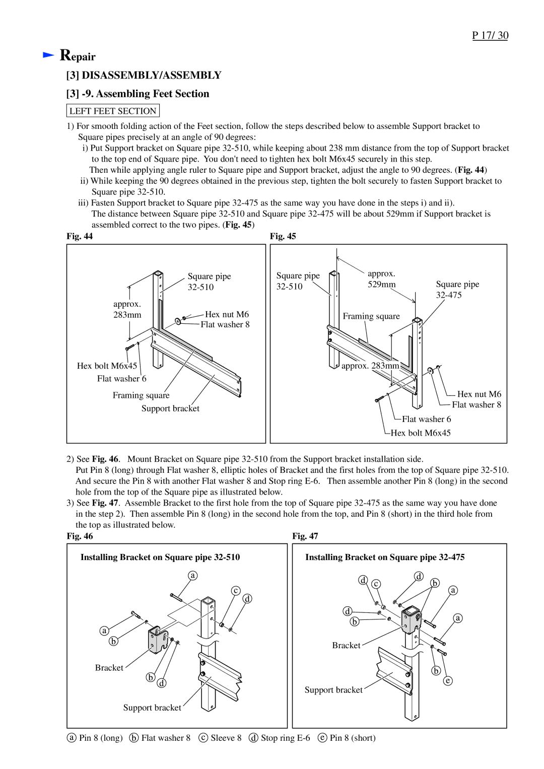 Makita LF1000 dimensions Assembling Feet Section, Installing Bracket on Square pipe 