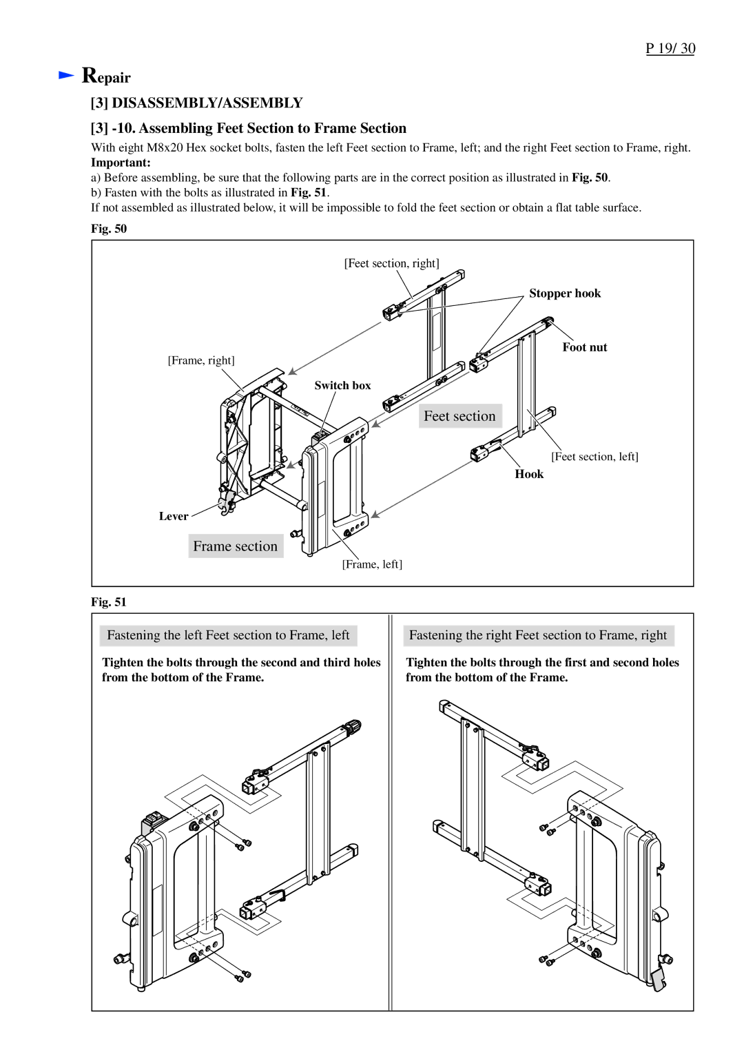 Makita LF1000 dimensions Assembling Feet Section to Frame Section, Stopper hook Foot nut, Switch box, Hook Lever 