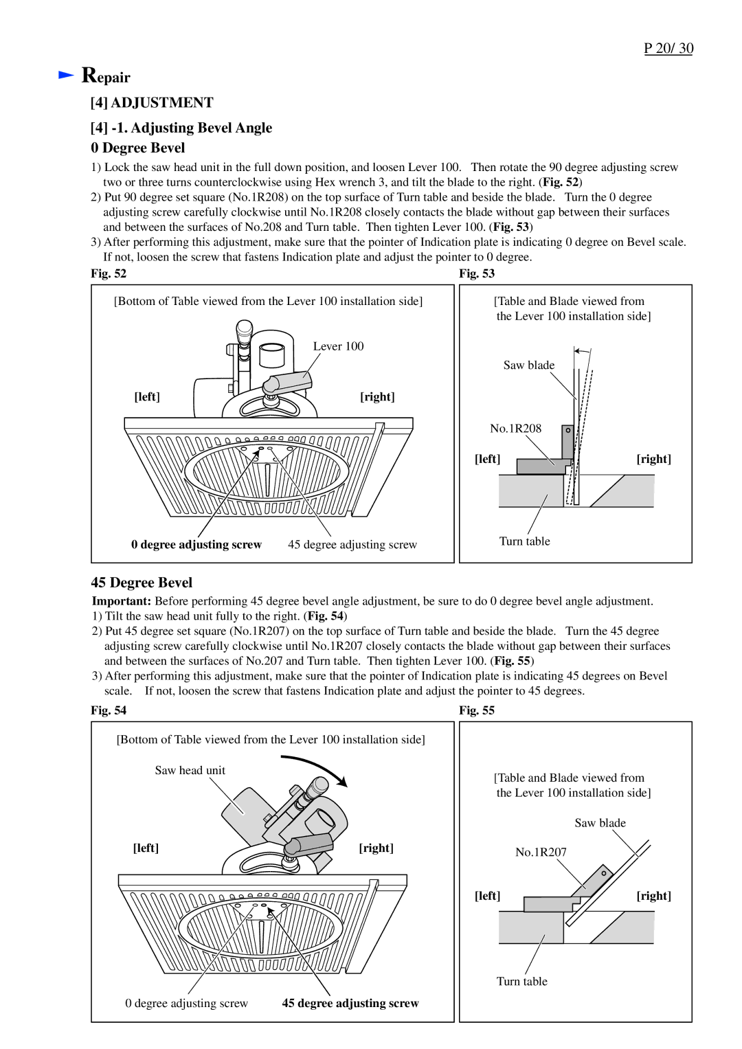 Makita LF1000 dimensions Adjusting Bevel Angle 0 Degree Bevel, Left Right Degree adjusting screw, Leftright 