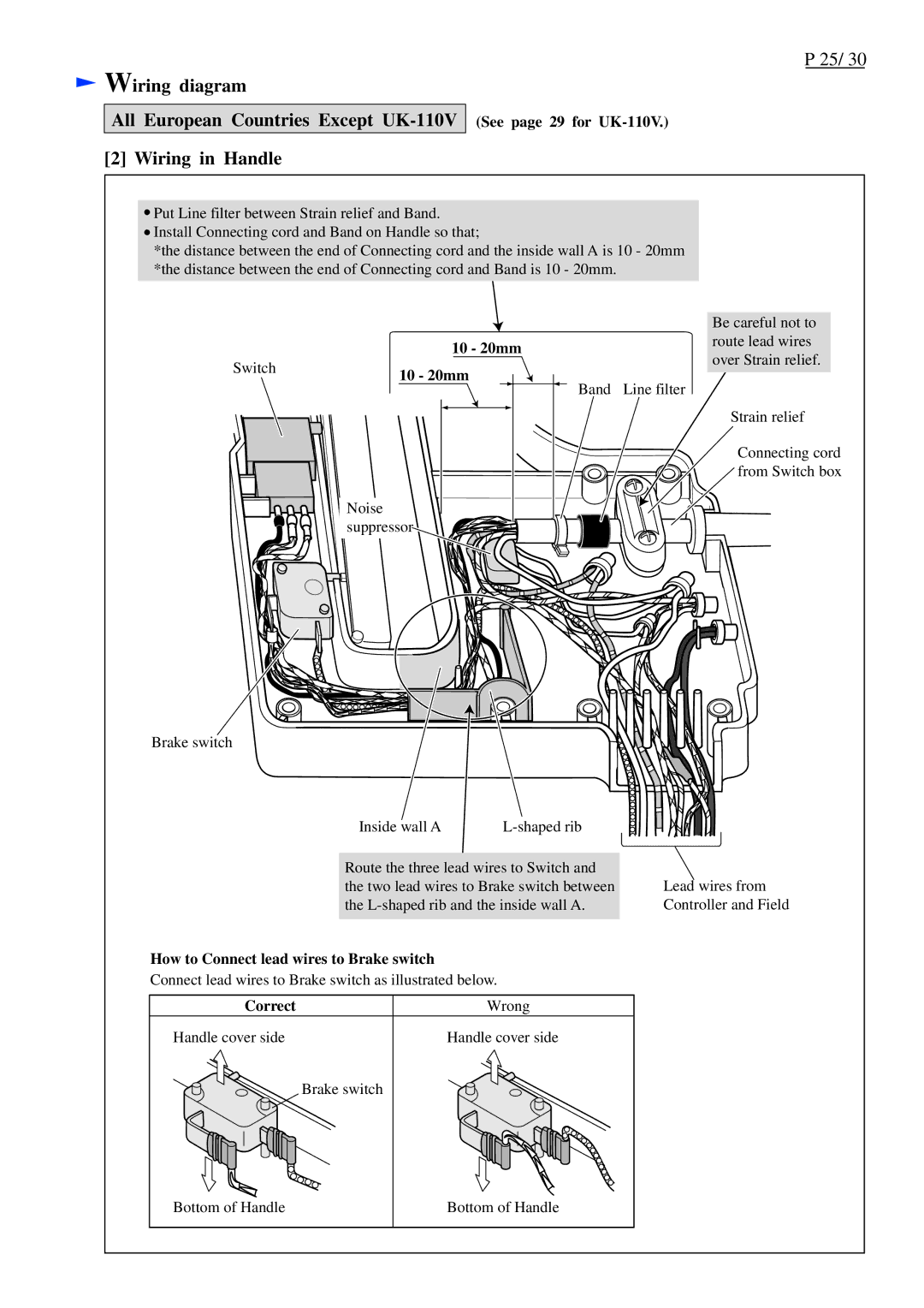 Makita LF1000 dimensions See page 29 for UK-110V, 10 20mm, How to Connect lead wires to Brake switch, Correct 