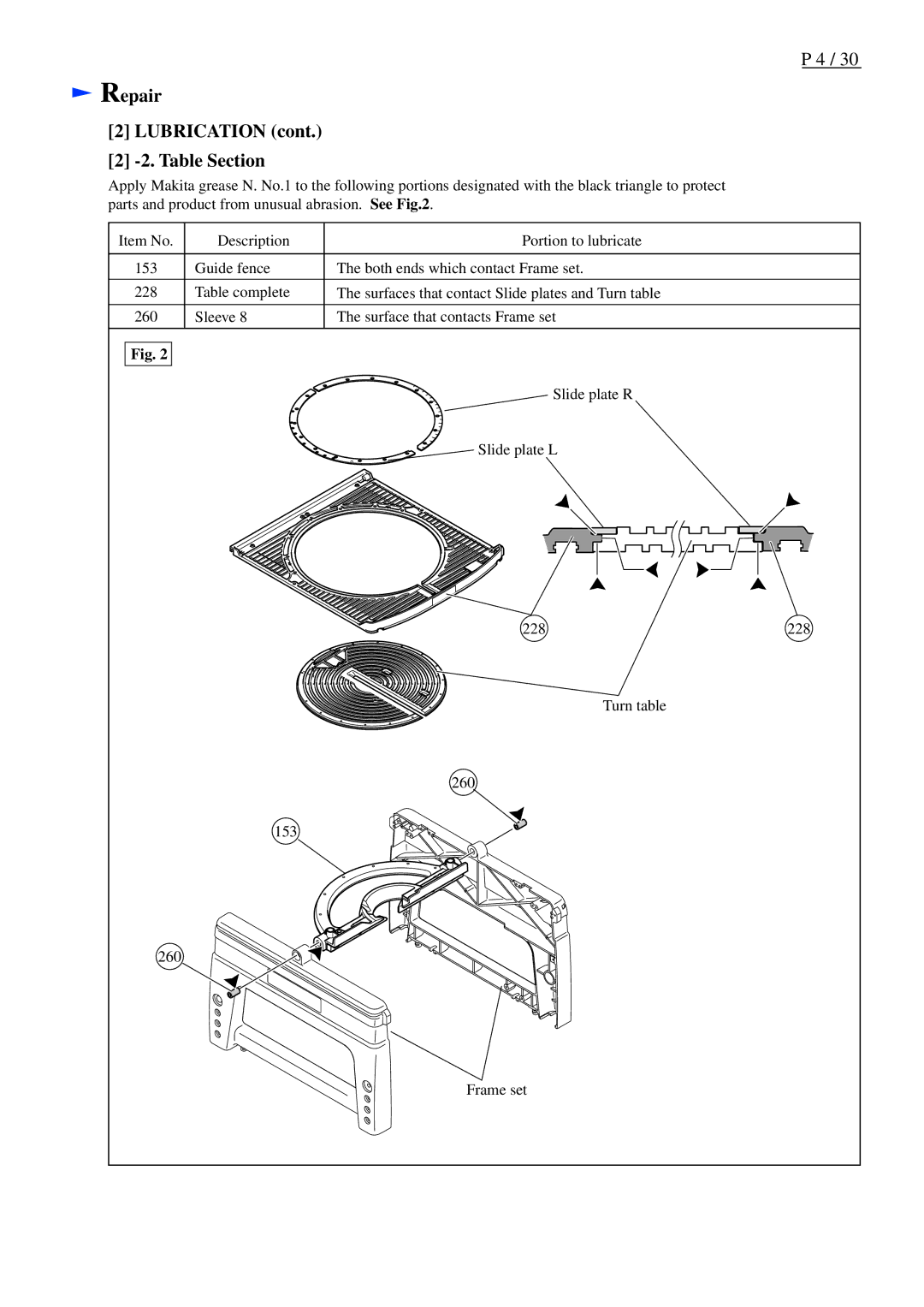 Makita LF1000 dimensions Repair Lubrication Table Section 