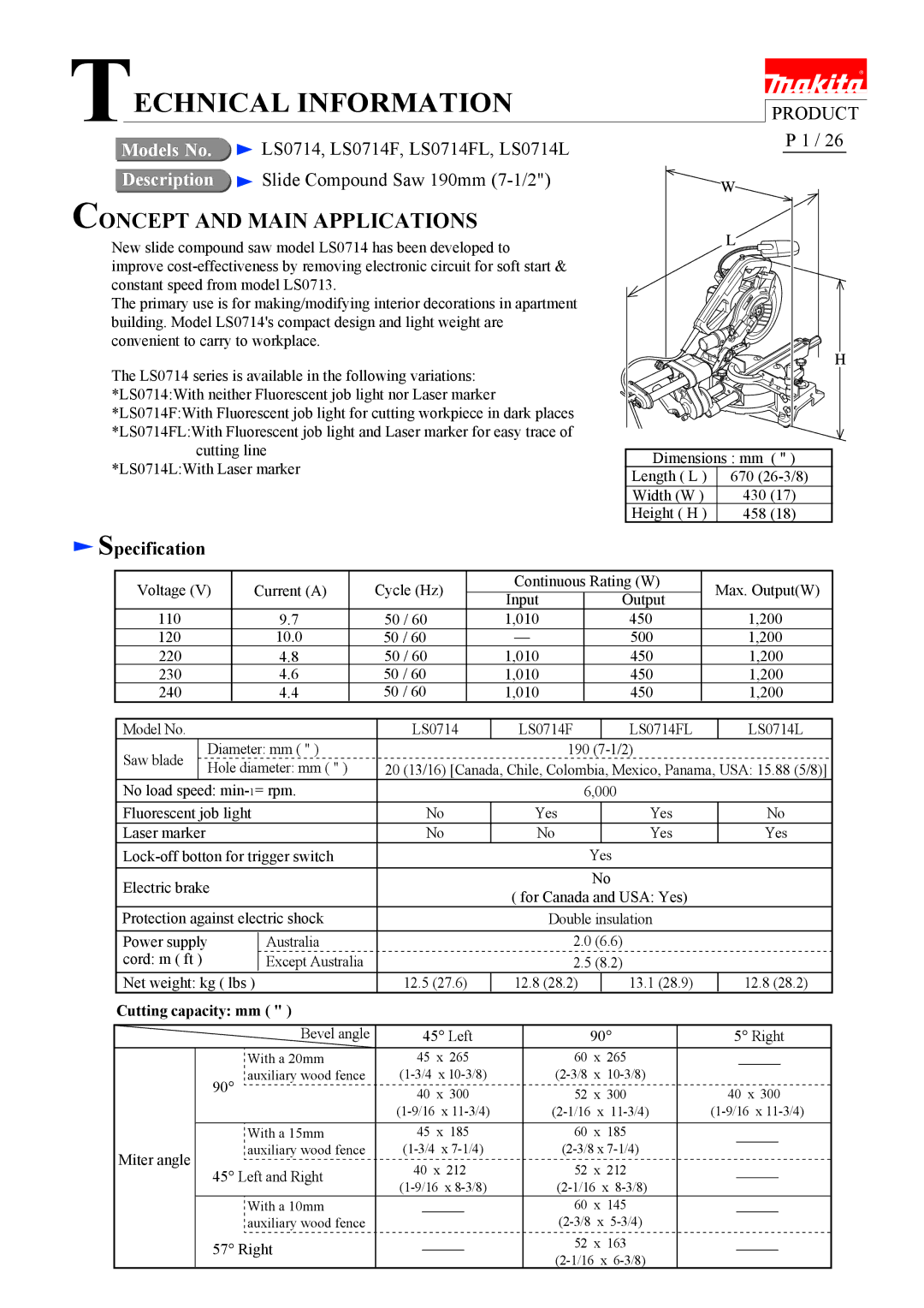 Makita LS0714FL, LS0714L dimensions Technical Information, Specification 