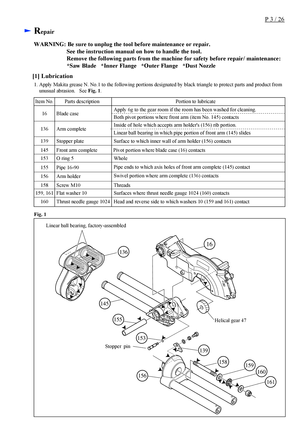 Makita LS0714L, LS0714FL dimensions Repair, Lubrication 