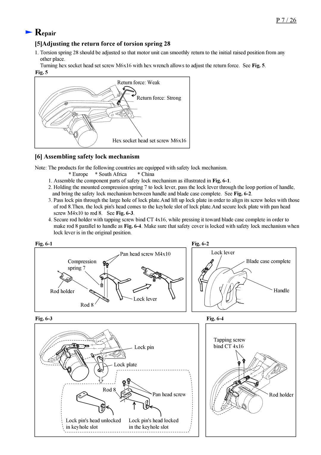 Makita LS0714L, LS0714FL dimensions Repair 5Adjusting the return force of torsion spring, Assembling safety lock mechanism 