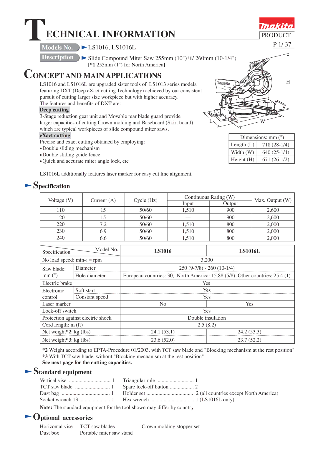 Makita LS1016L dimensions Specification, Standard equipment, Optional accessories 