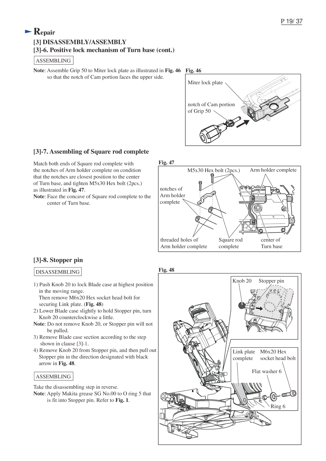 Makita LS1016L dimensions Assembling of Square rod complete, Stopper pin 