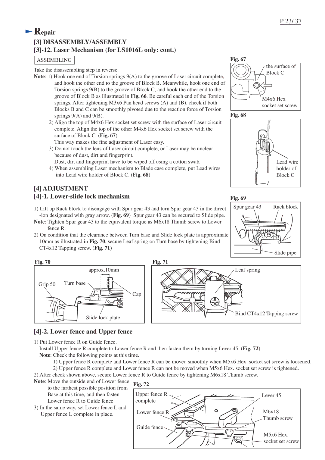 Makita LS1016L dimensions Adjustment, Lower-slide lock mechanism 