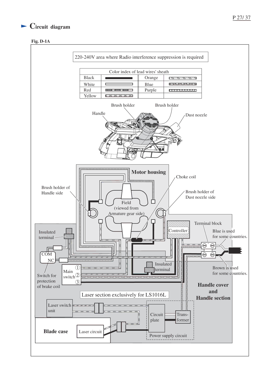 Makita LS1016L dimensions Circuit diagram, Motor housing, Handle cover, Handle section, Blade case 