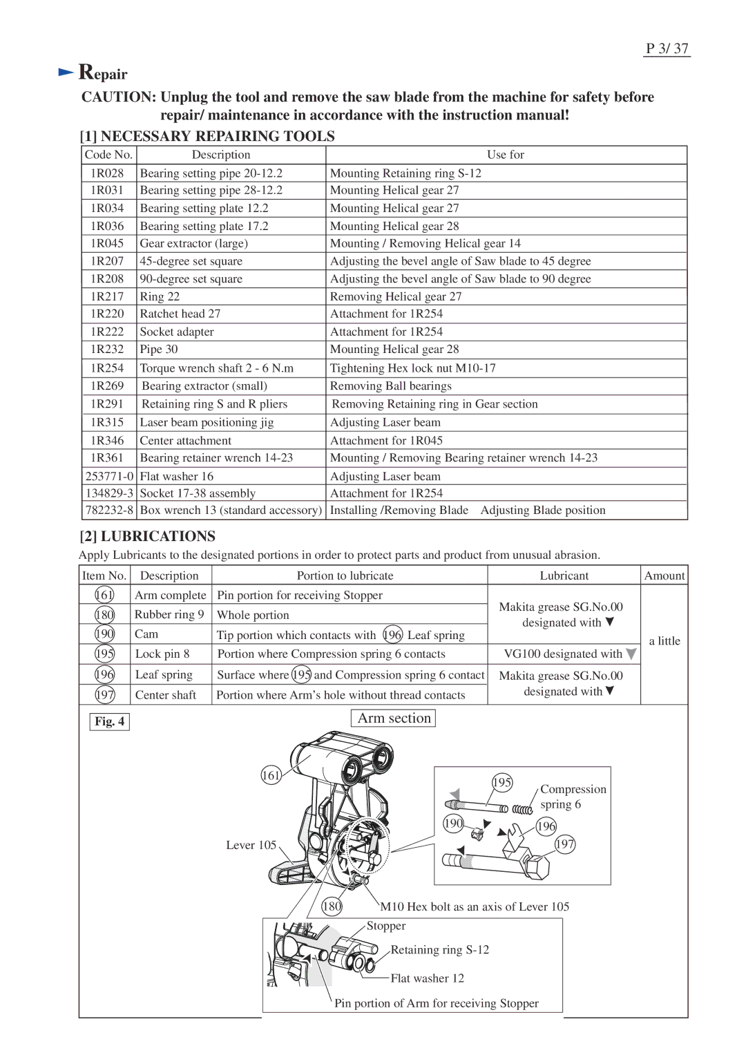 Makita LS1016L dimensions Necessary Repairing Tools 