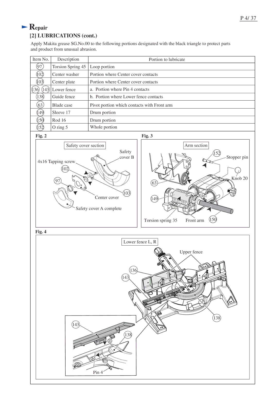 Makita LS1016L dimensions Repair Lubrications 