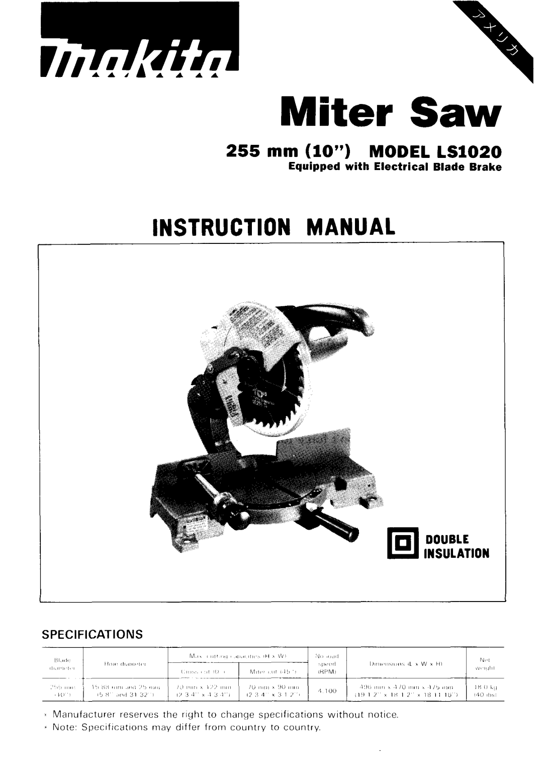 Makita LS1020 instruction manual Miter Saw 