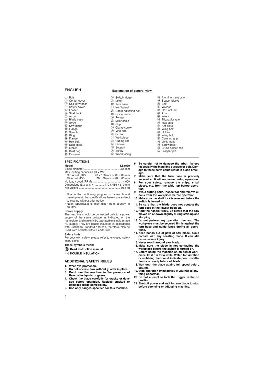 Makita instruction manual Additional Safety Rules, Model LS1030, Power supply, Safety hints, These symbols mean 