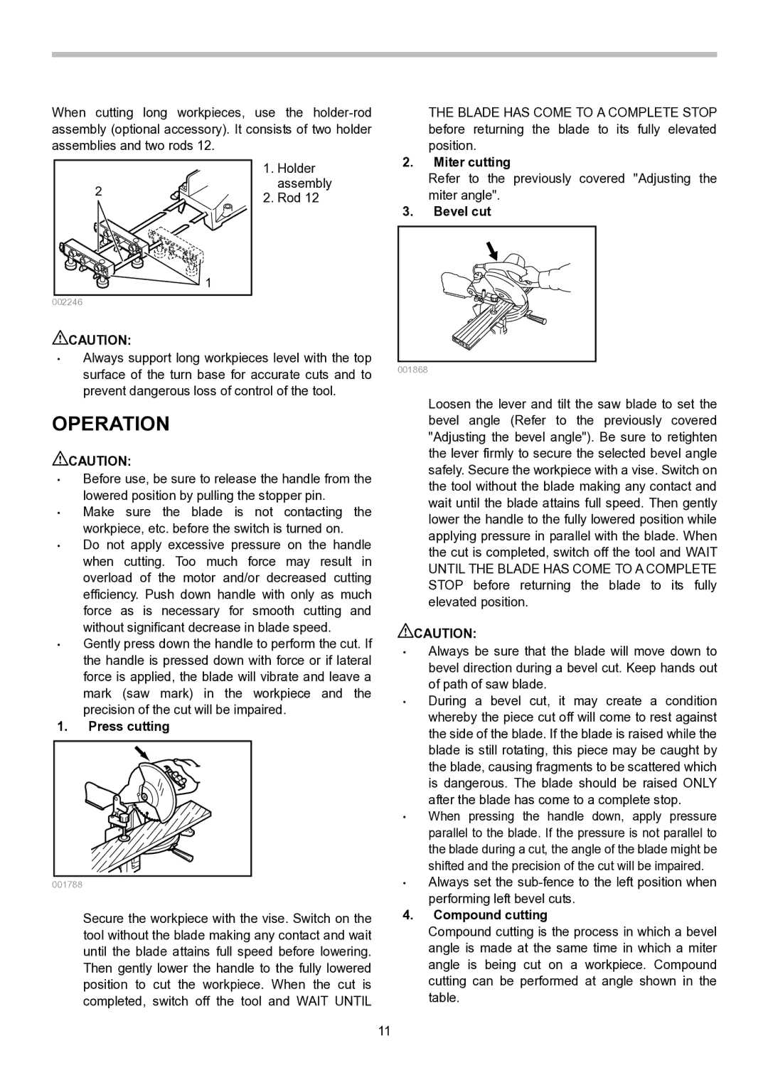 Makita LS1040S instruction manual Operation, Press cutting, Miter cutting, Bevel cut, Compound cutting 