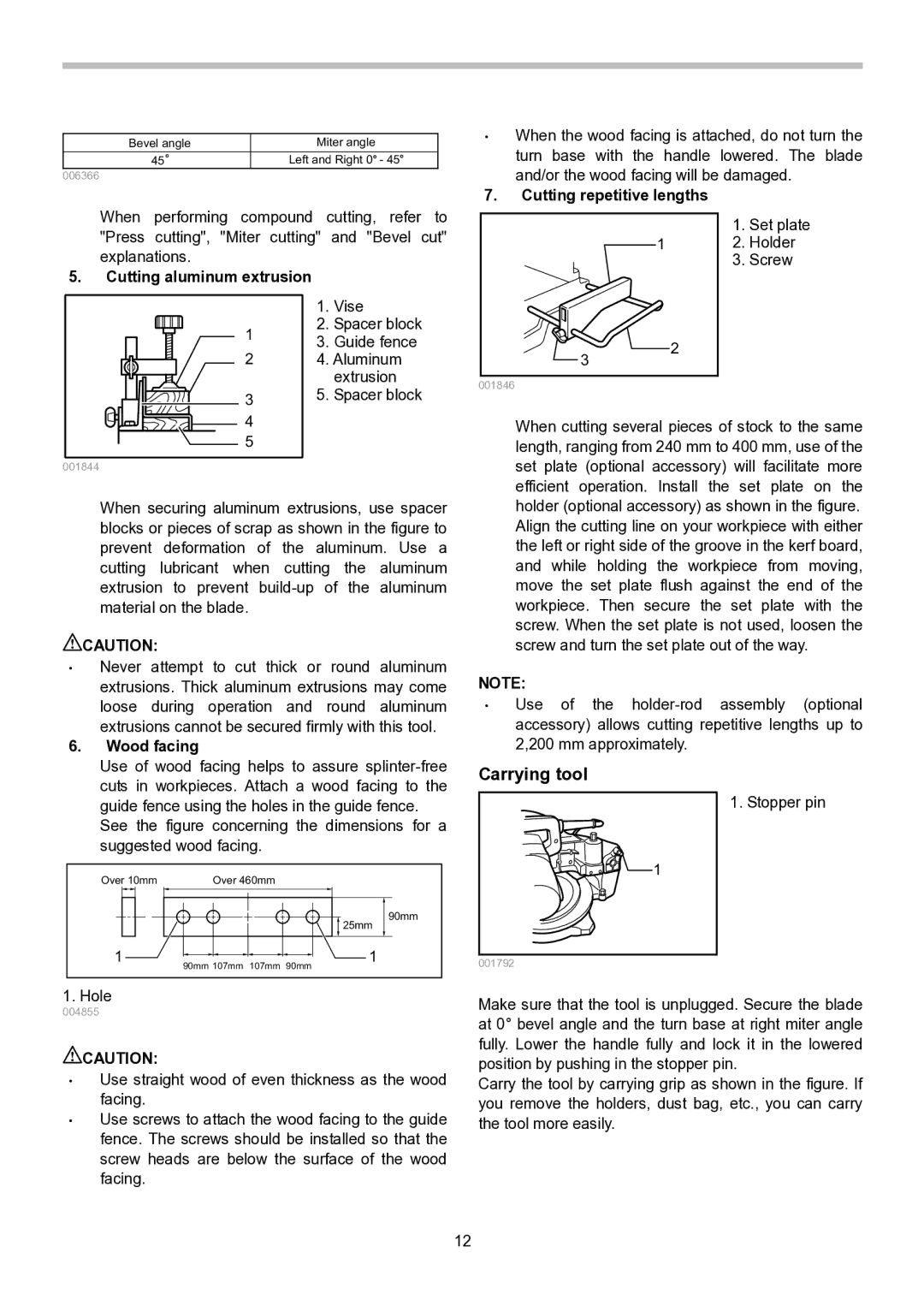 Makita LS1040S instruction manual Carrying tool, Cutting repetitive lengths, Cutting aluminum extrusion, Wood facing 