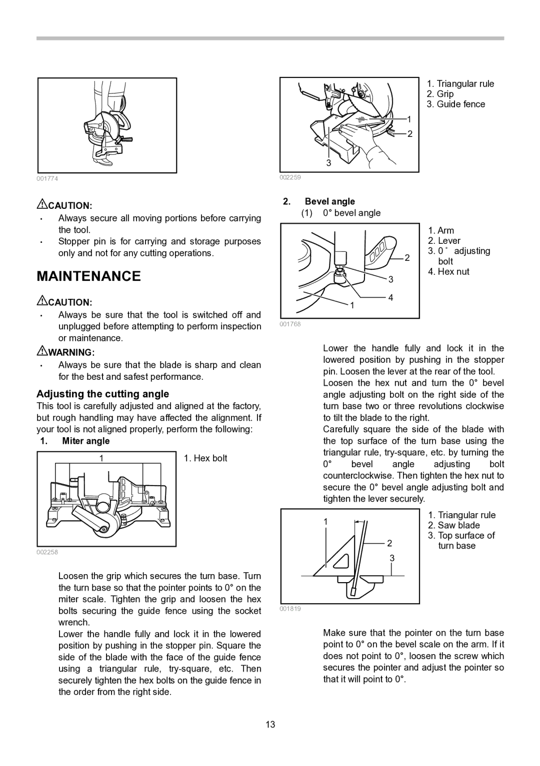 Makita LS1040S instruction manual Maintenance, Adjusting the cutting angle, Bevel angle, Miter angle 