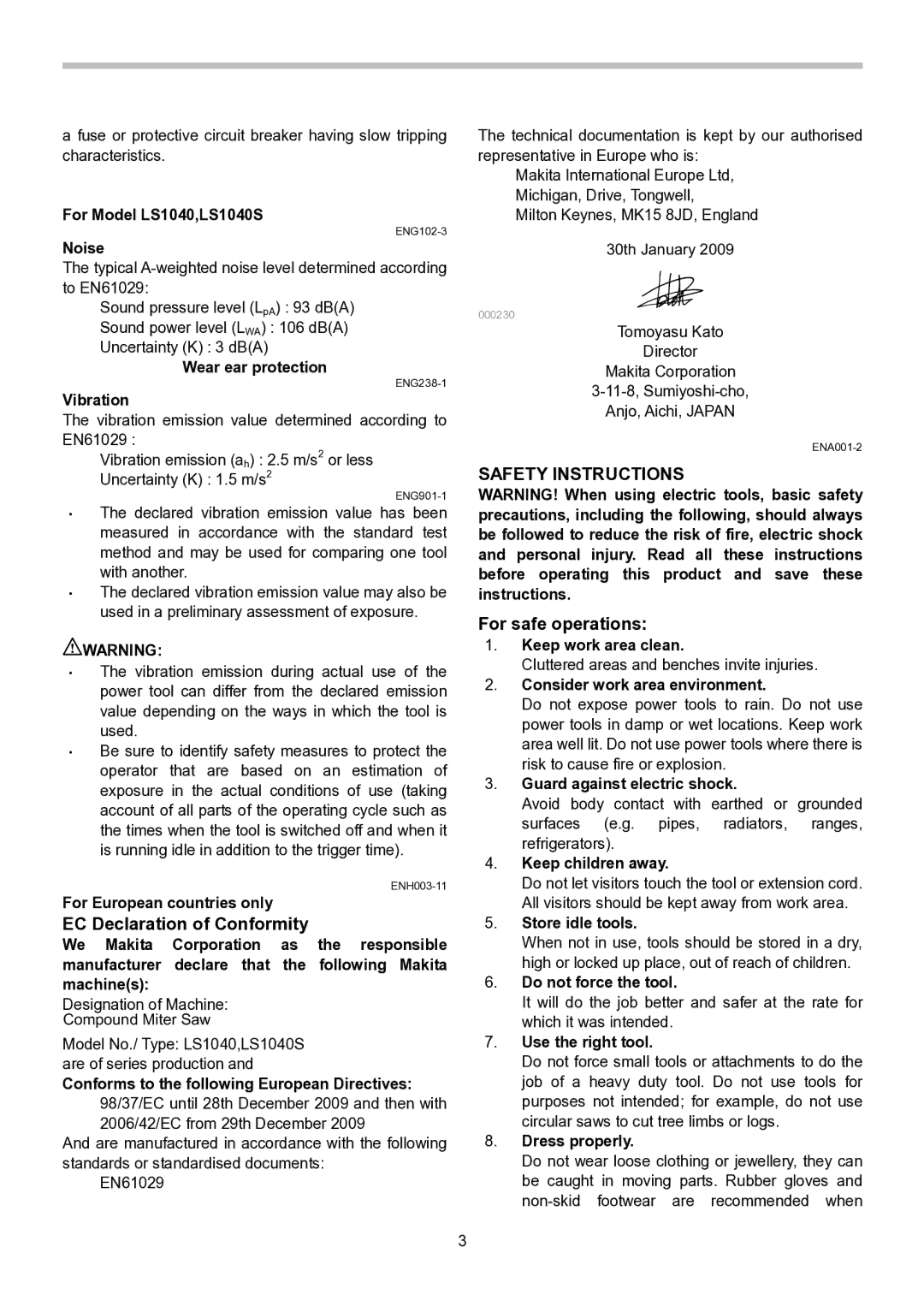 Makita LS1040S instruction manual EC Declaration of Conformity, For safe operations 