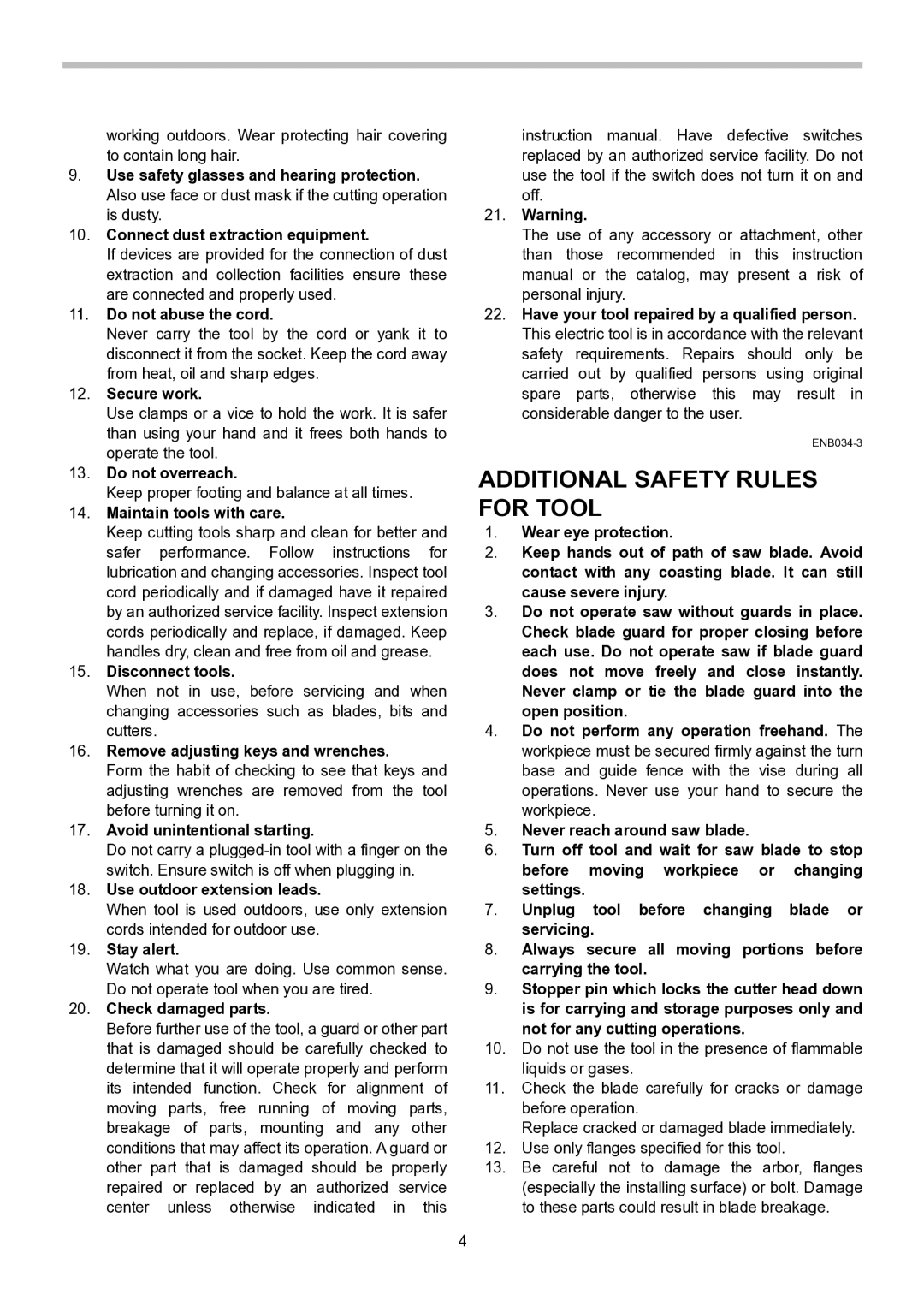 Makita LS1040S instruction manual Additional Safety Rules for Tool 