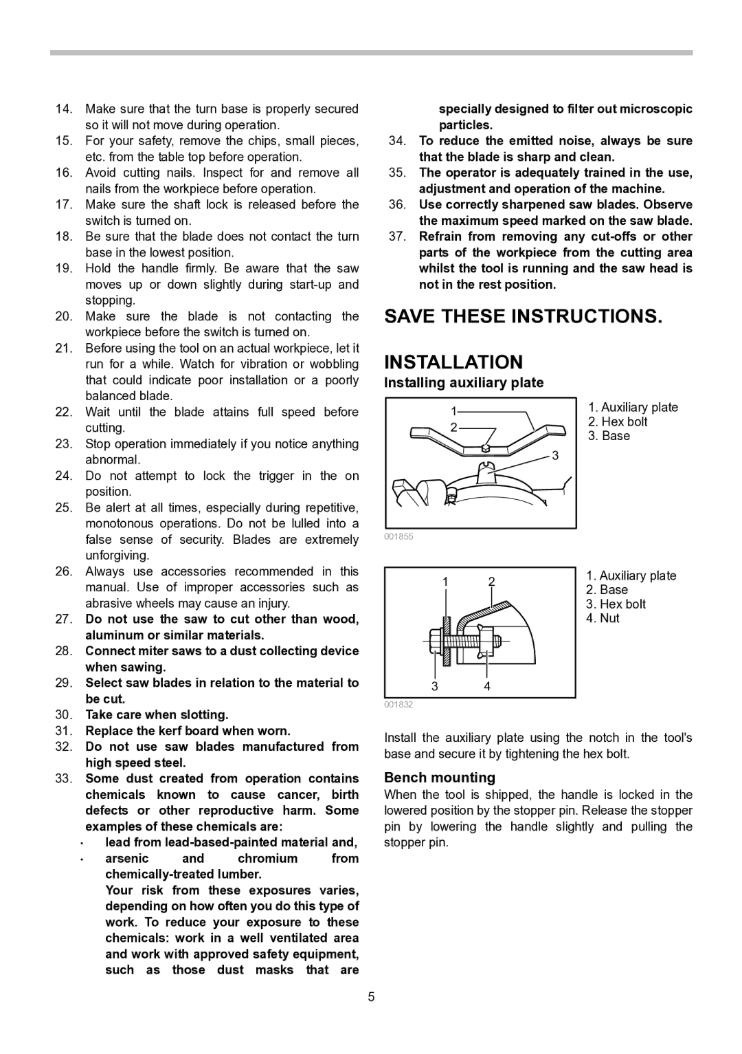 Makita LS1040S instruction manual Installation, Installing auxiliary plate, Bench mounting 