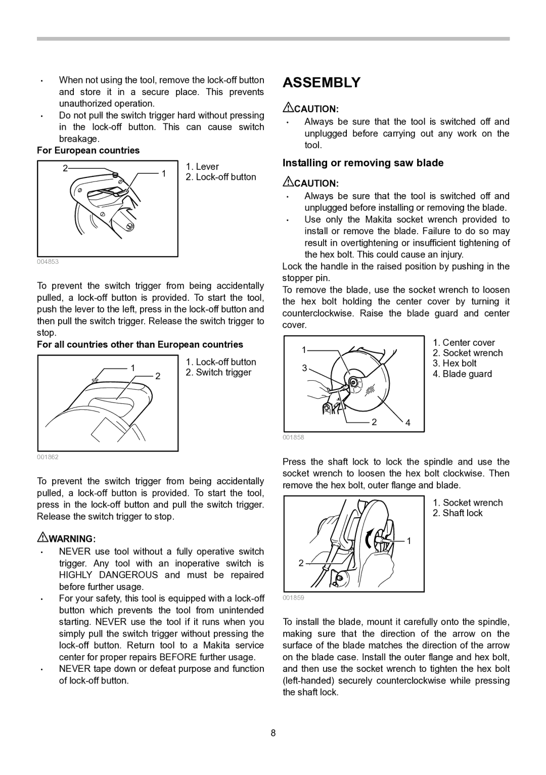 Makita LS1040S instruction manual Assembly, Installing or removing saw blade, For European countries 