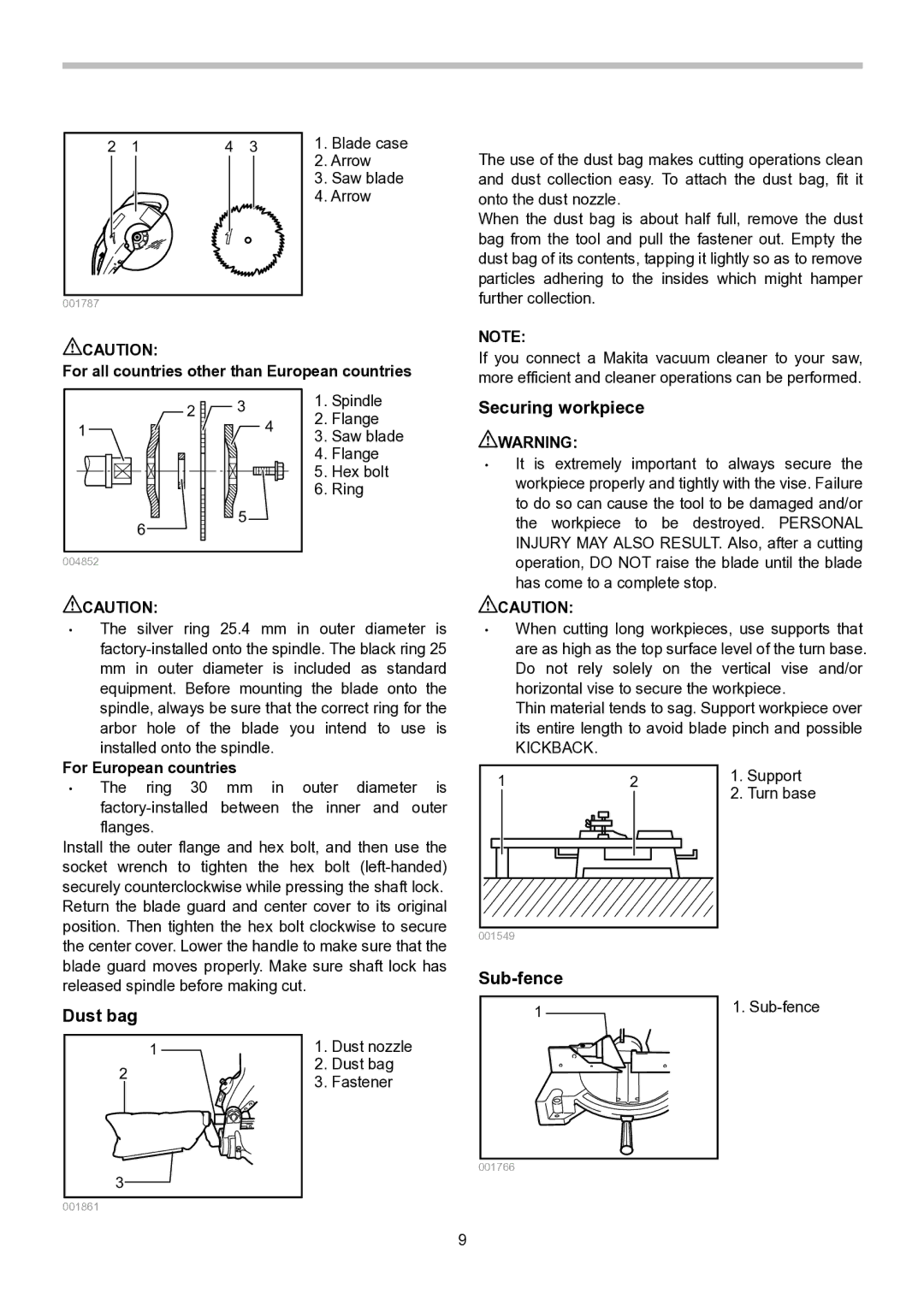 Makita LS1040S instruction manual Dust bag, Securing workpiece, Sub-fence 