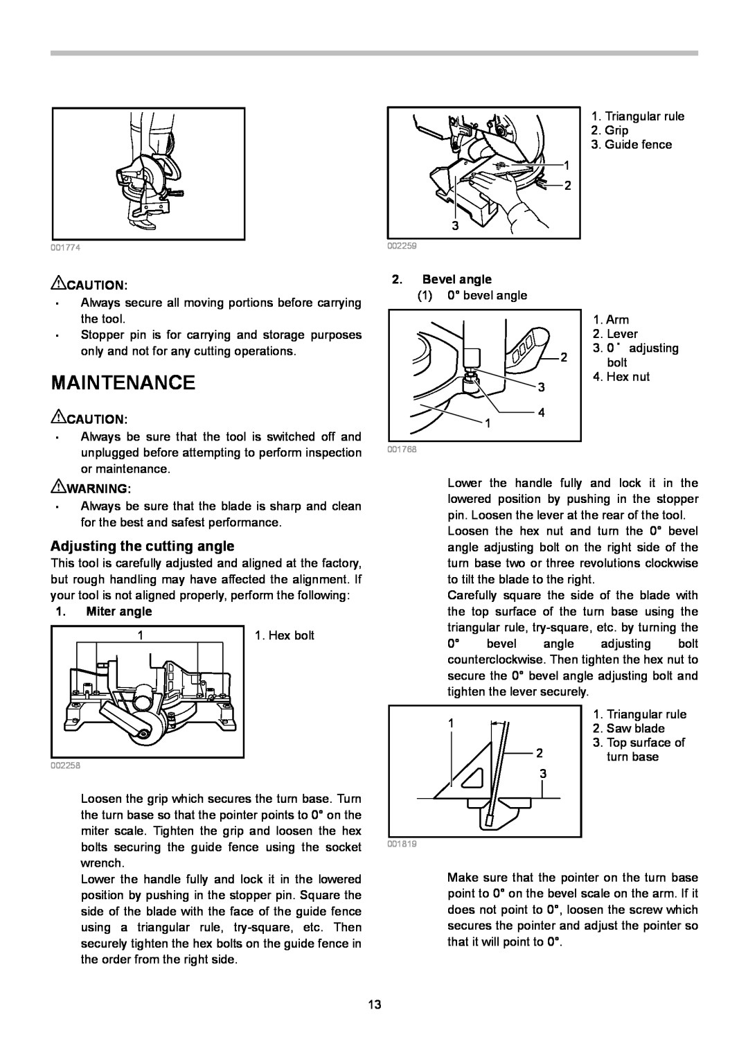 Makita LS1040S instruction manual Maintenance, Adjusting the cutting angle 