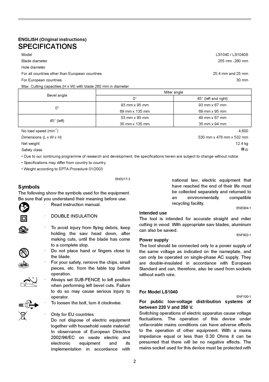 Makita LS1040S instruction manual Specifications, Symbols 