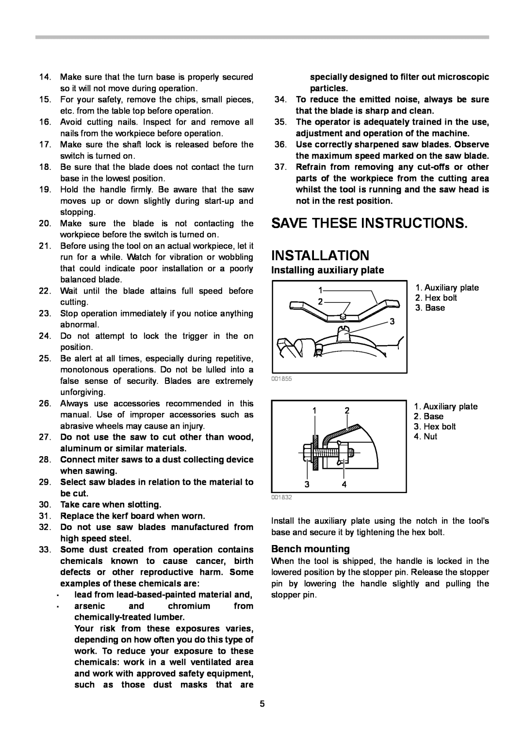 Makita LS1040S instruction manual Save These Instructions, Installation, Installing auxiliary plate, Bench mounting 