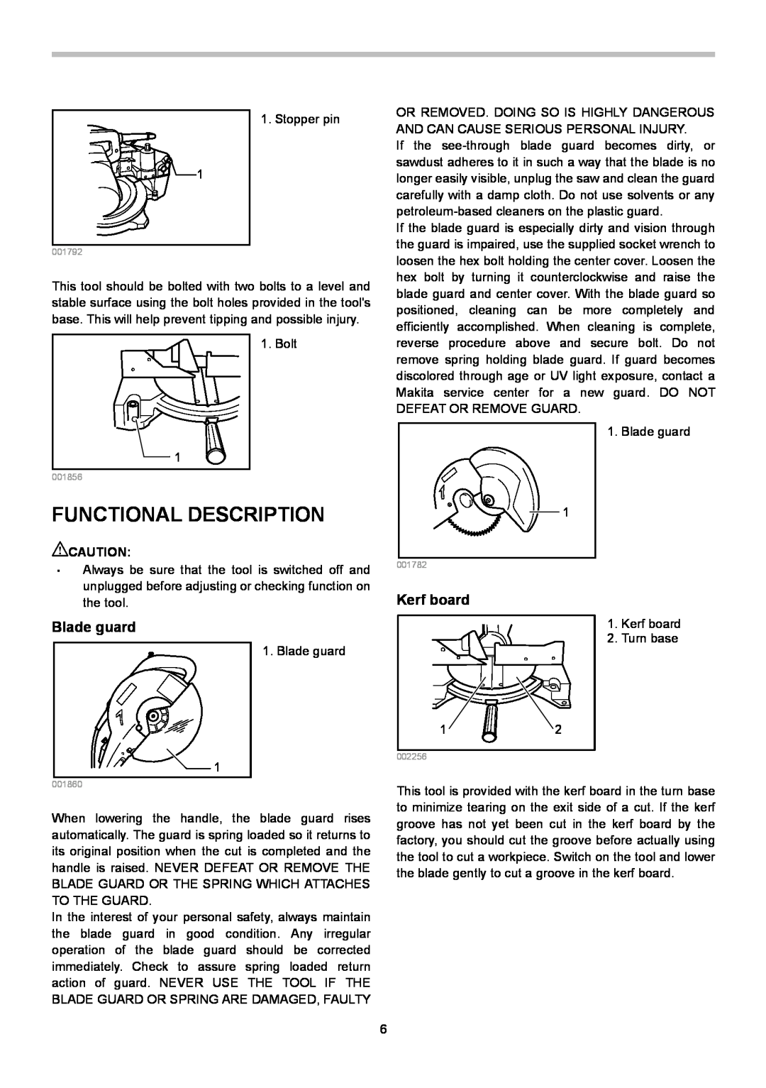 Makita LS1040S instruction manual Functional Description, Kerf board, Blade guard 
