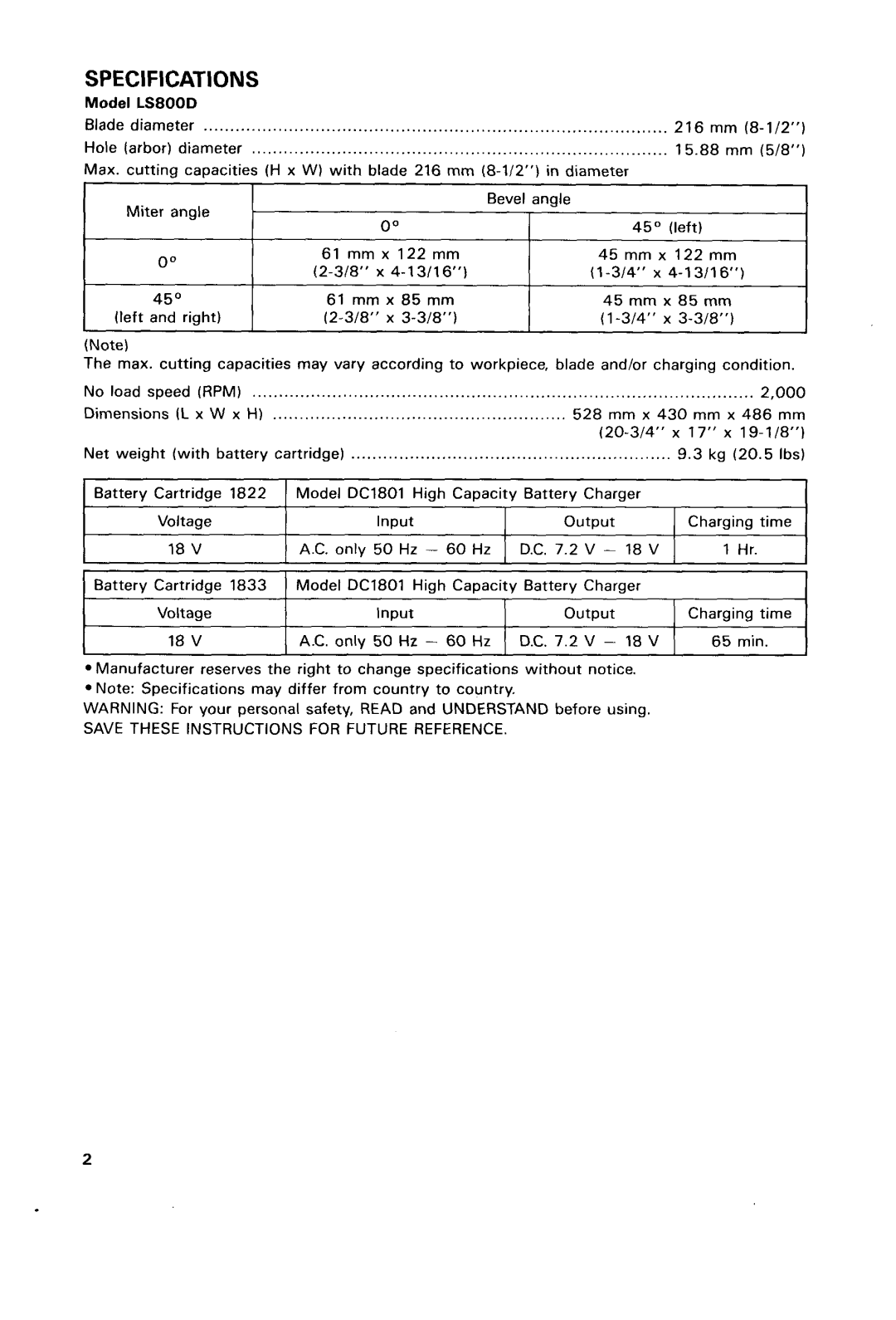 Makita LSSOODWA, LSSOODZ instruction manual Specifications 