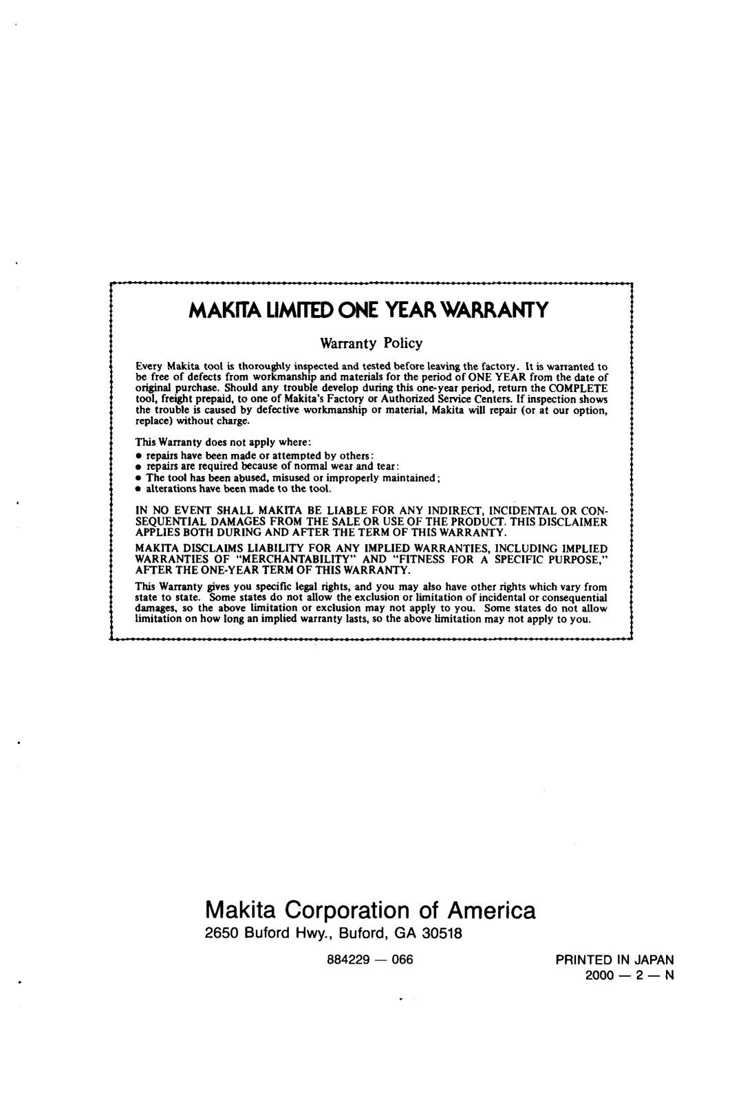 Makita LSSOODZ, LSSOODWA instruction manual Makita Corporation of America 