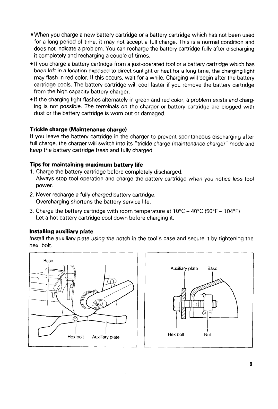 Makita LSSOODZ Trickle charge Maintenancecharge, Tips for maintaining maximum battery life, Installing auxiliary plate 