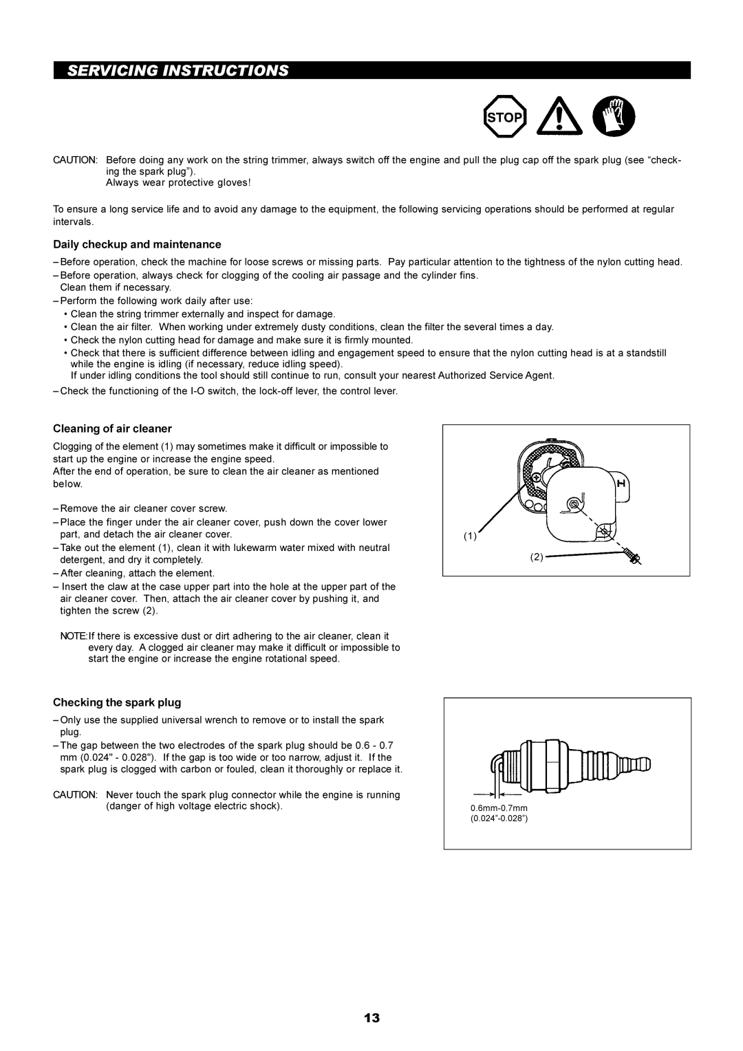 Makita LT-210 Servicing Instructions, Daily checkup and maintenance, Cleaning of air cleaner, Checking the spark plug 