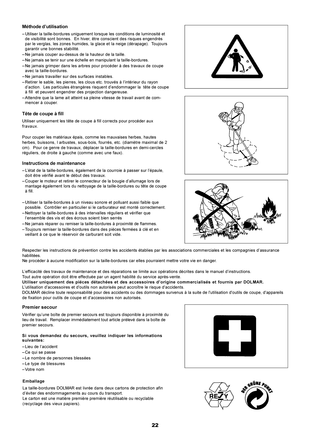 Makita LT-210 instruction manual Méthode d’utilisation, Tête de coupe à fill, Instructions de maintenance, Premier secour 