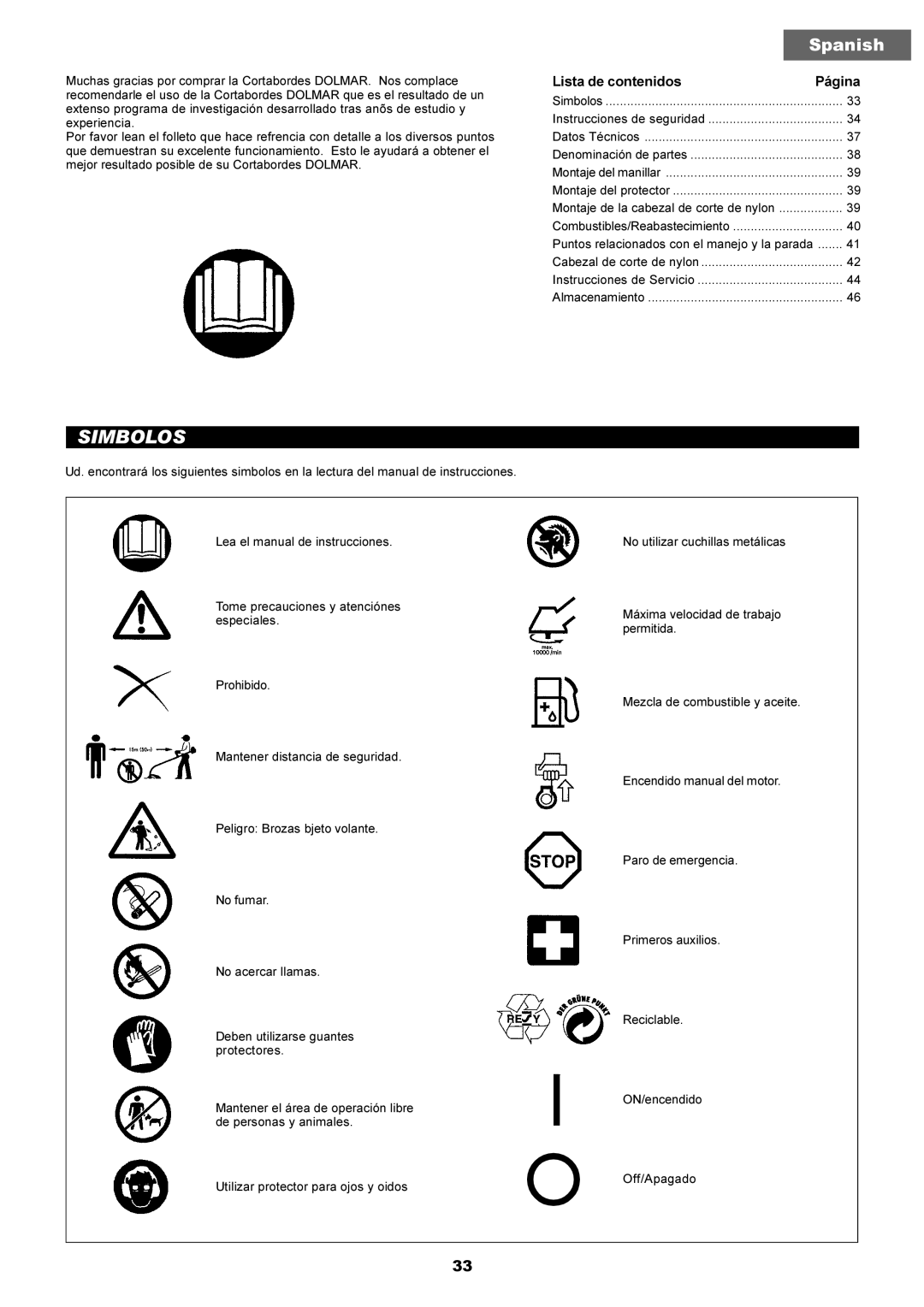 Makita LT-210 instruction manual Simbolos, Lista de contenidos Página 