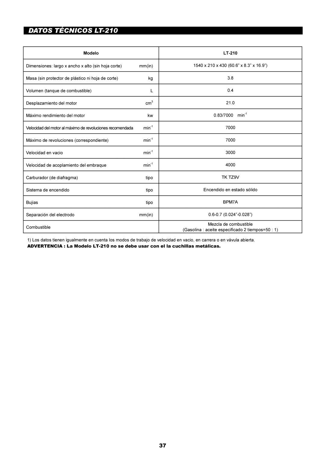 Makita instruction manual Datos Técnicos LT-210 