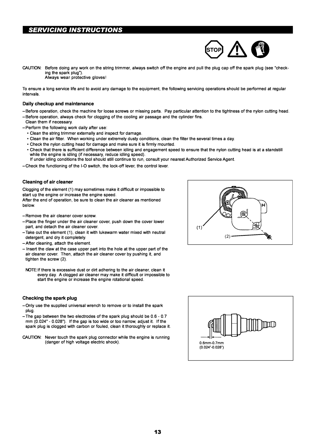 Makita LT-210 Servicing Instructions, Daily checkup and maintenance, Cleaning of air cleaner, Checking the spark plug 