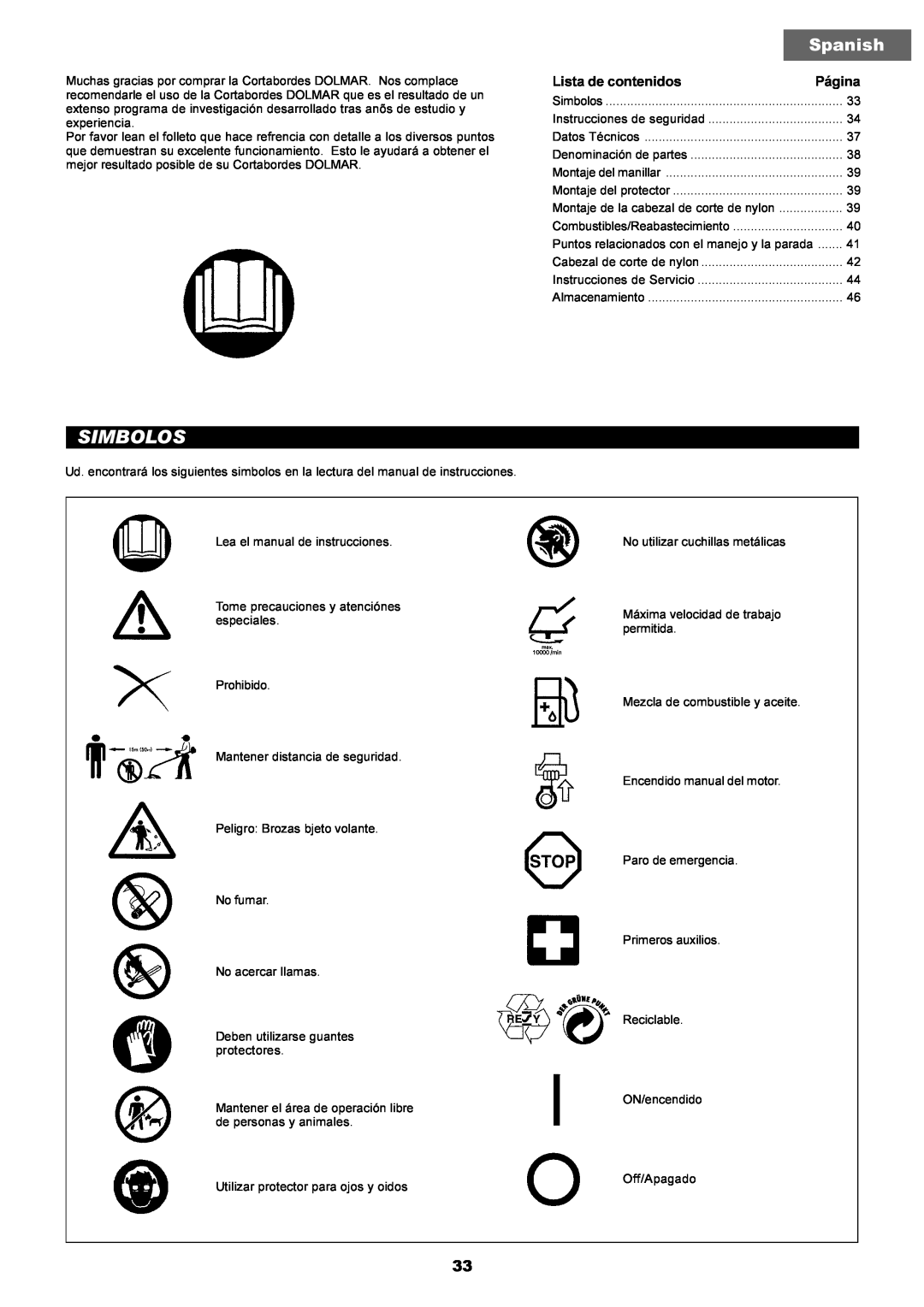 Makita LT-210 instruction manual Simbolos, Spanish, Lista de contenidos, Página 