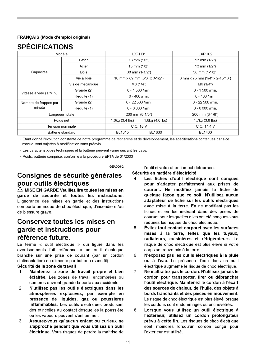 Makita LXPH01, LXPH02 instruction manual Spécifications, Français Mode d’emploi original 