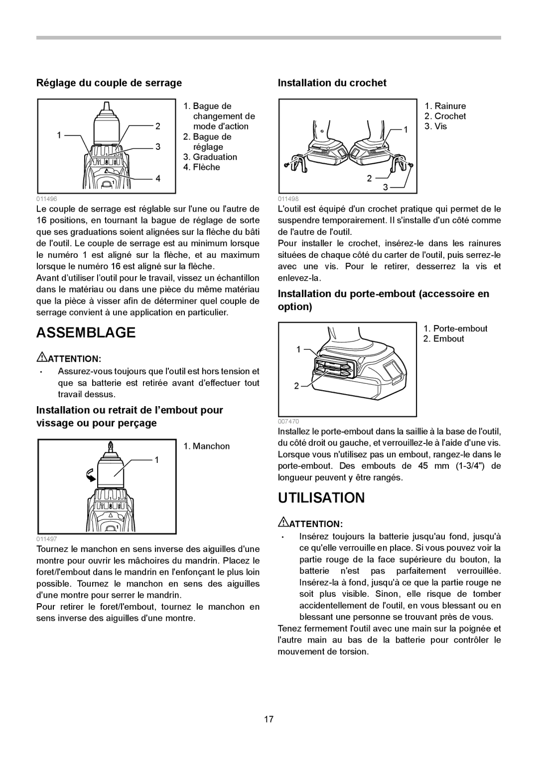 Makita LXPH01, LXPH02 instruction manual Assemblage, Utilisation, Réglage du couple de serrage Installation du crochet 