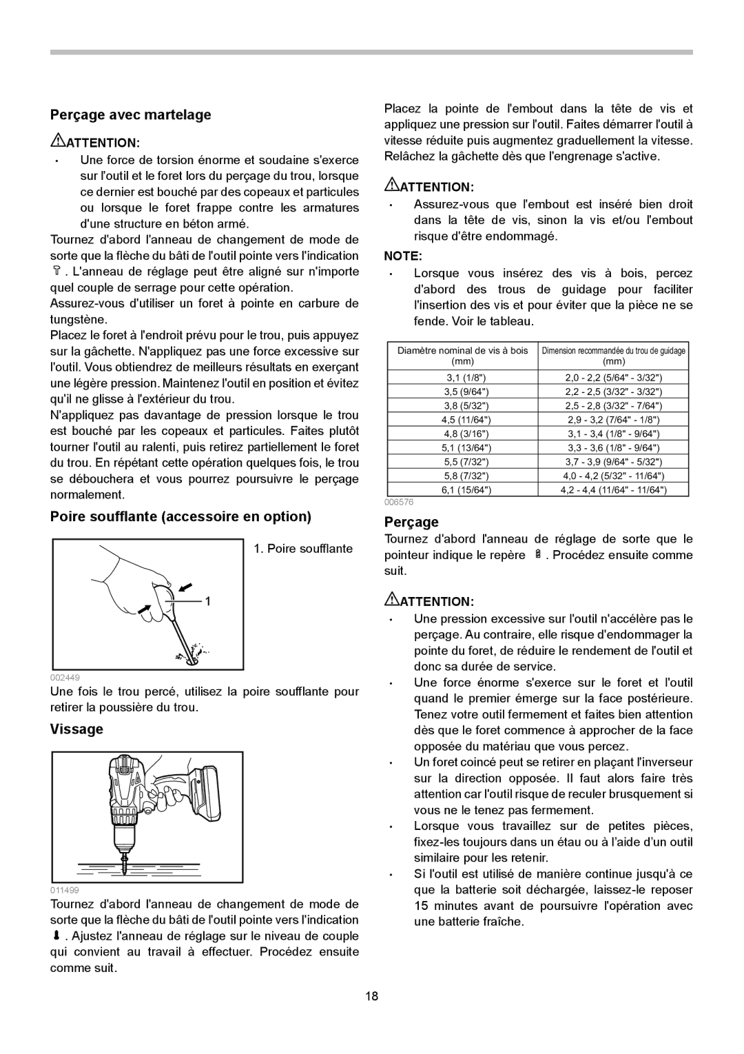 Makita LXPH02, LXPH01 instruction manual Perçage avec martelage, Poire soufflante accessoire en option, Vissage 