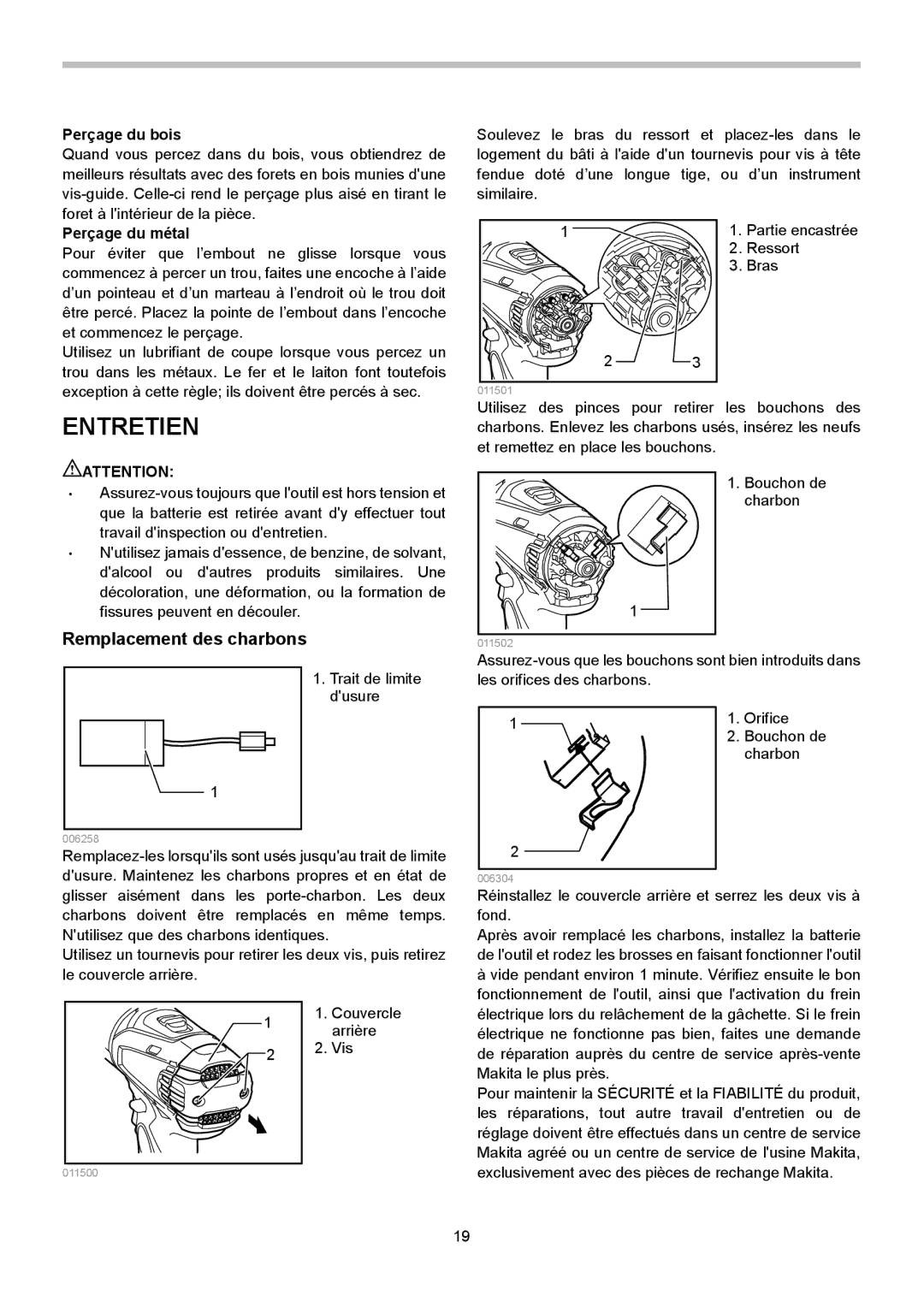 Makita LXPH01, LXPH02 instruction manual Entretien, Remplacement des charbons, Perçage du bois, Perçage du métal 