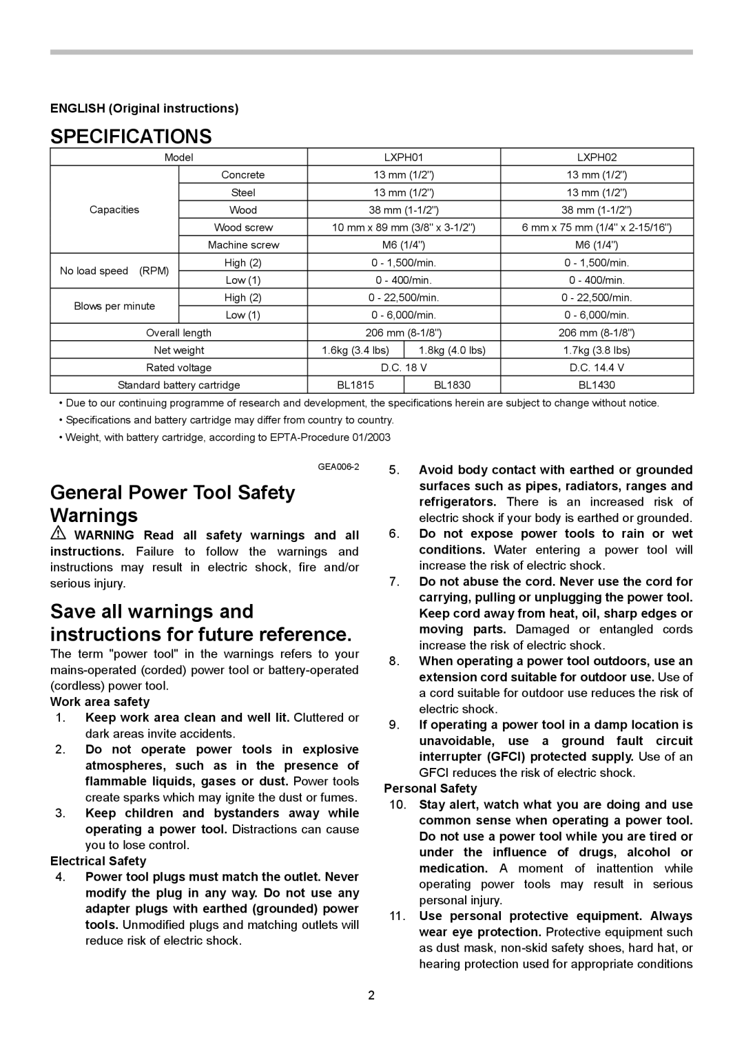 Makita LXPH02, LXPH01 instruction manual Specifications, English Original instructions 