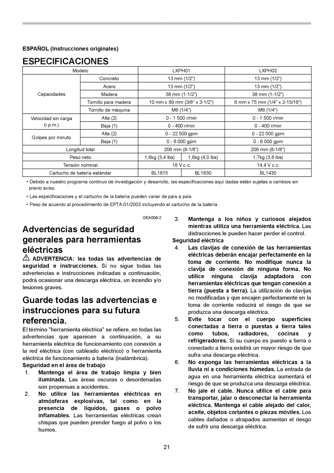 Makita LXPH01, LXPH02 instruction manual Especificaciones, Español Instrucciones originales 