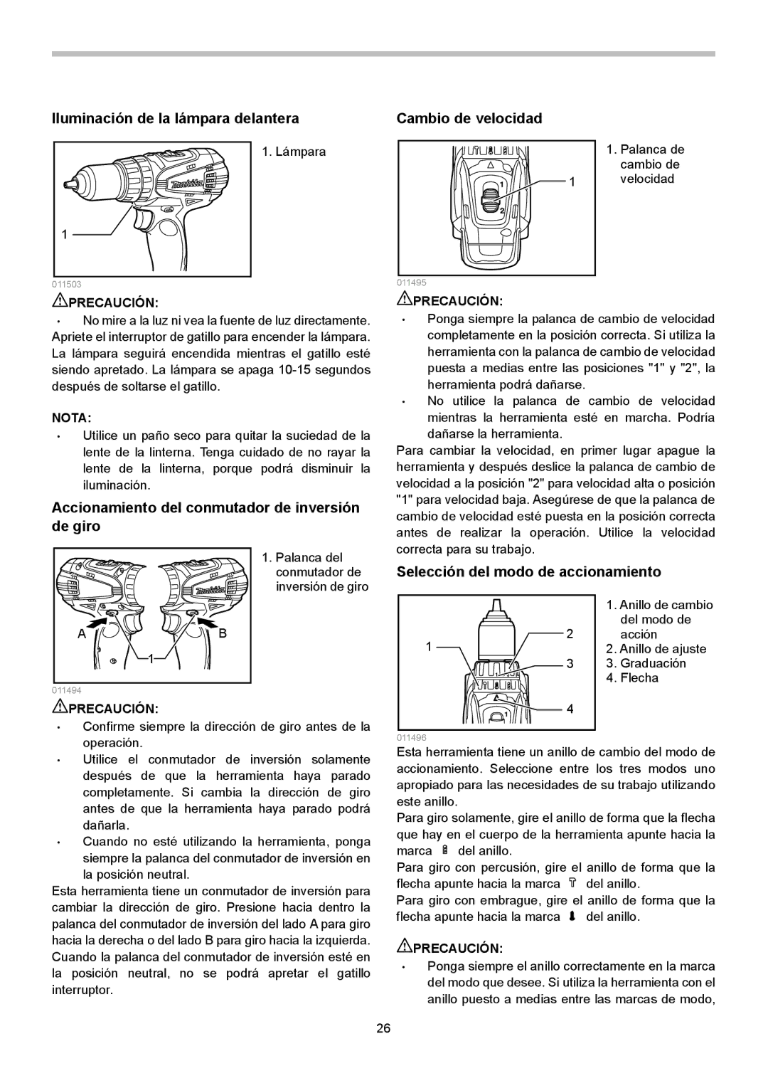 Makita LXPH02 Iluminación de la lámpara delantera, Accionamiento del conmutador de inversión de giro, Cambio de velocidad 