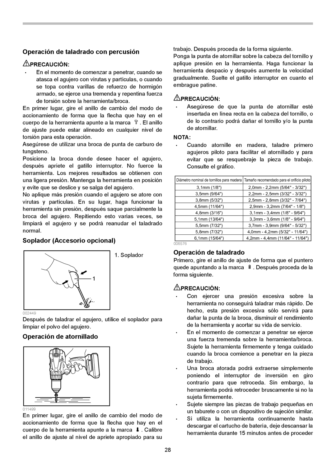 Makita LXPH02, LXPH01 Operación de taladrado con percusión, Soplador Accesorio opcional, Operación de atornillado 