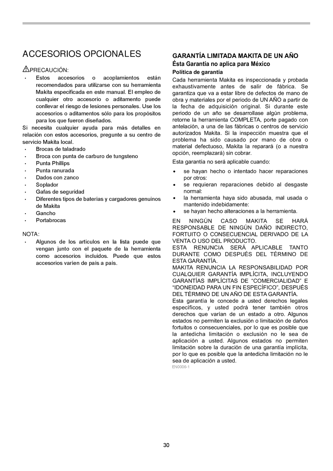 Makita LXPH02, LXPH01 instruction manual Accesorios Opcionales, Política de garantía 